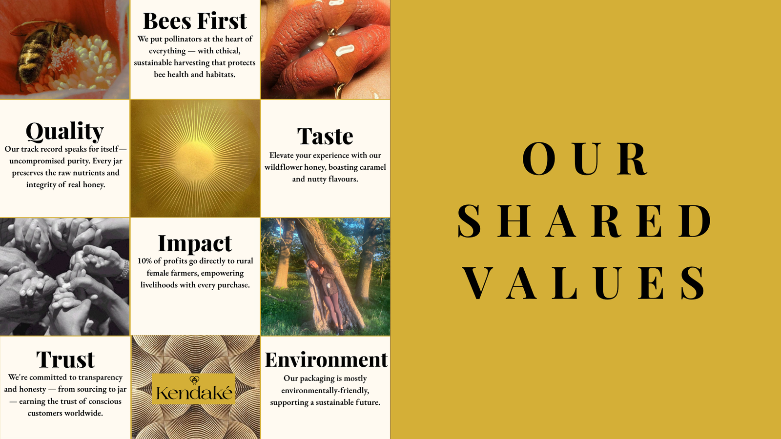 Kendake honey packaging with text on shared values on a yellow background