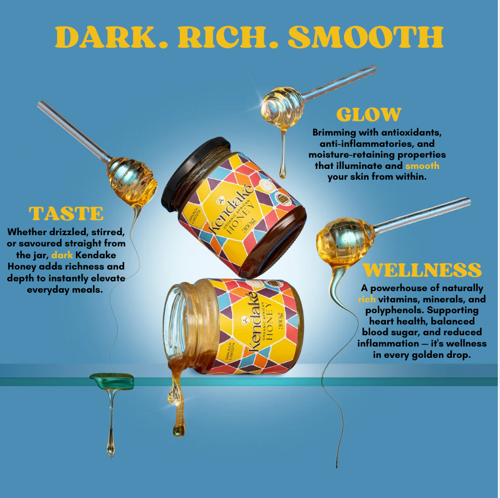 Honey jars with honey drizzles on a blue background, featuring text about honey's benefits.